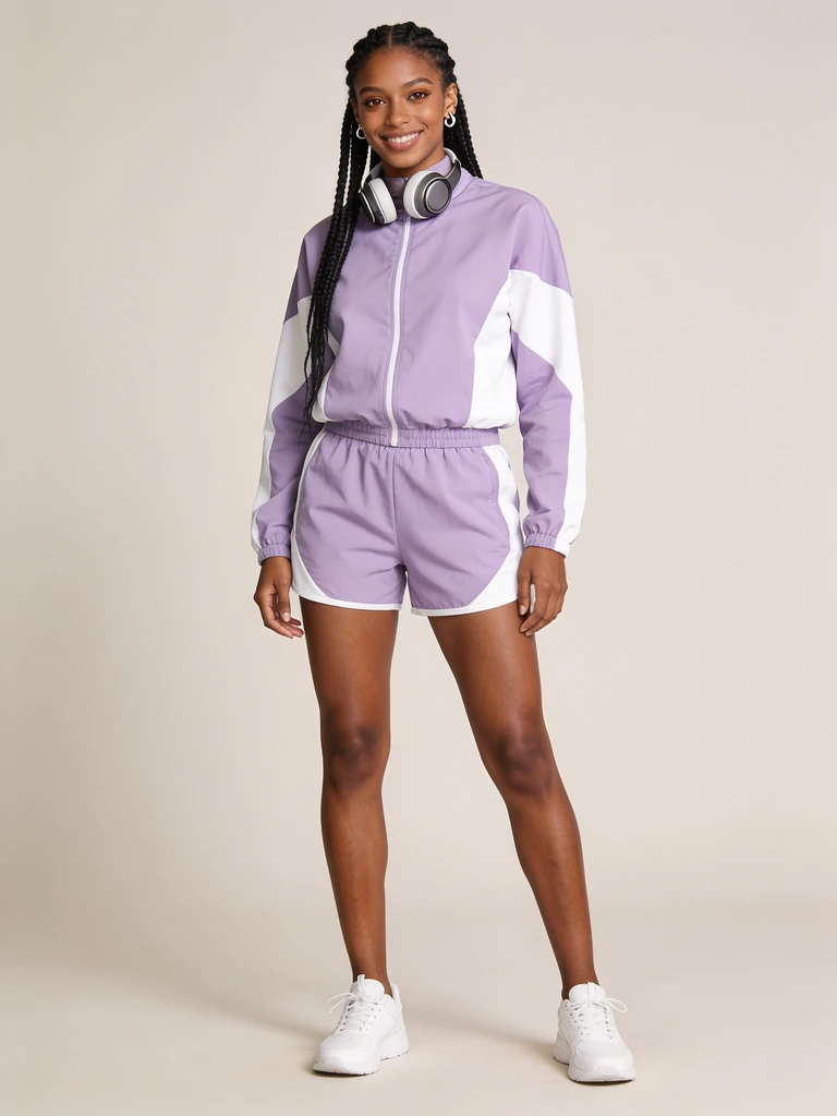 AI character portrait: a woman in a lilac tracksuit. Not a real person.