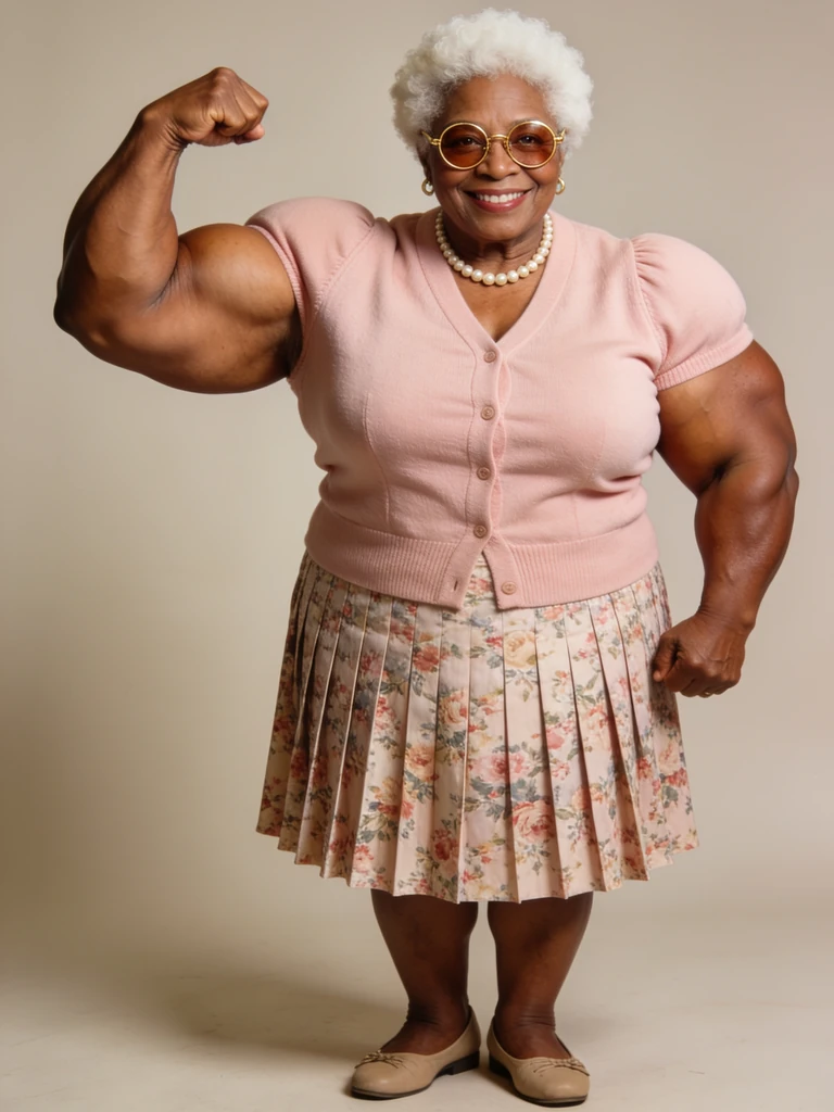 AI character: muscular grandmother in a floral skirt. Not a real person.